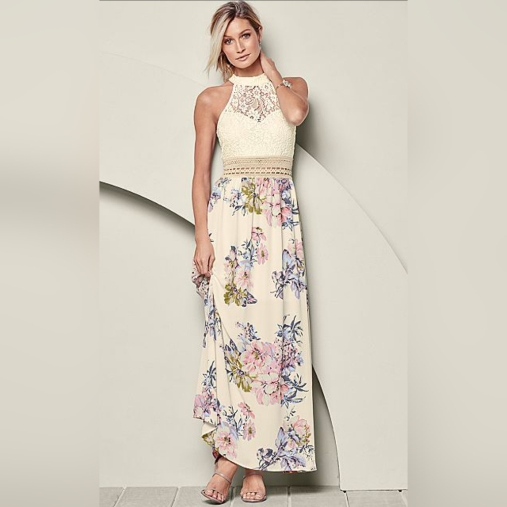 Venus Embroidery Crochet Lace Floral Sheer Halter Maxi Dress